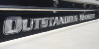 CNC routed hand brushed aluminum boat name w silver metallic vinyl stroke